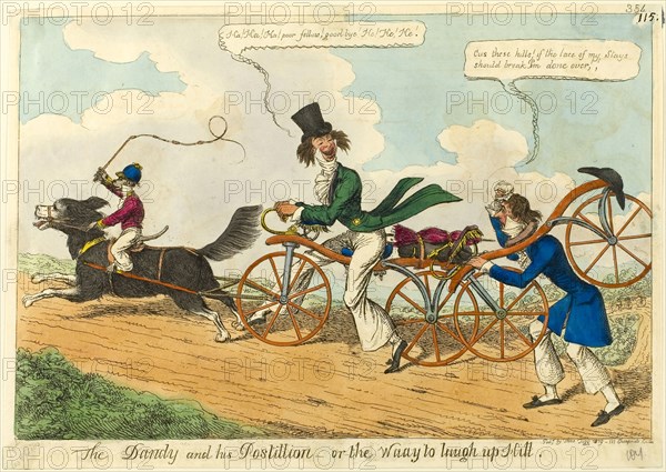The Dandy and His Postillion — or the Waay to Laugh Up Hill, 1819, Attributed to William Heath (English, 1794-1840), published by Thomas Tegg (English, 1776-1845), England, Hand-colored etching on ivory wove paper, 226 × 321 mm (image), 234 × 333 mm (sheet, trimmed within platemark)