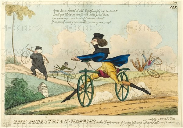 The Pedestrian Hobbies, or the Difference of Going Up and Down Hill, published April 8, 1819, Attributed to William Heath (English, 1794-1840), published by Thomas Tegg (English, 1776-1845), England, Hand-colored etching on ivory wove paper, 217 × 310 mm (image), 227 × 321 mm (sheet, trimmed within platemark)