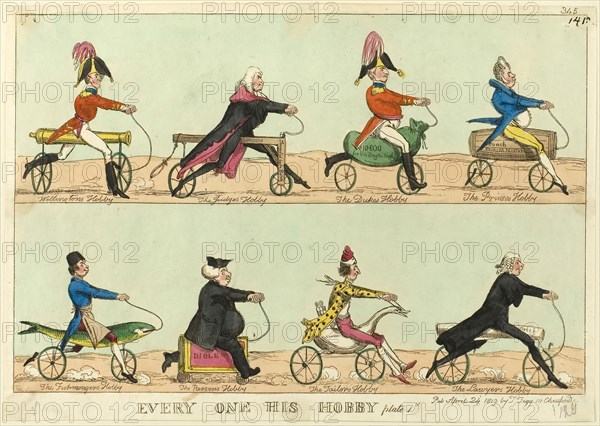 Everyone His Hobby, plate 1, published April 24, 1819, Attributed to William Heath (English, 1794-1840), published by Thomas Tegg (English, 1776-1845), England, Hand-colored etching on ivory wove paper, 219 × 313 mm (image), 228 × 324 mm (sheet, trimmed within platemark)