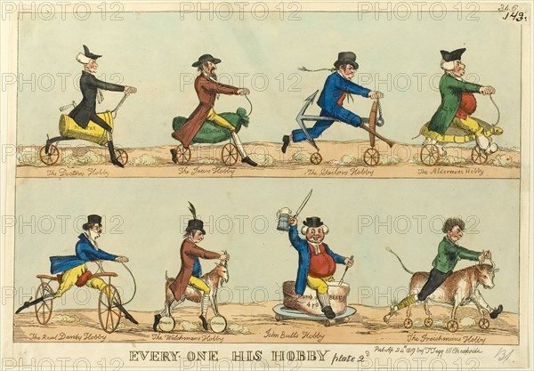 Everyone His Hobby, plate 2, published April 24, 1819, Attributed to William Heath (English, 1794-1840), published by Thomas Tegg (English, 1776-1845), England, Hand-colored etching on ivory wove paper, 229 × 315 mm (image), 238 × 327 mm (sheet, trimmed within platemark)