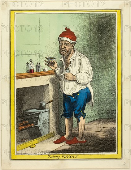 Taking Physick, published February 6, 1800, James Gillray (English, 1756-1815), published by Hannah Humphrey (English, c. 1745-1818), England, Hand-colored etching on paper, 260 × 199 mm (plate), 288 × 222 mm (sheet)