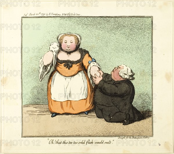 Oh! that this too too solid flesh would melt., published March 20, 1791, James Gillray (English, 1756-1815), published by Hannah Humphrey (English, c. 1745-1818), England, Etching in dark brown, with stipling and handcoloring, on cream wove paper, 180 × 196 mm (image), 219 × 245 mm (plate), 227 × 257 mm (sheet)