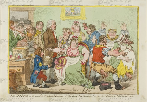The Cow-Pock- or- The Wonderful Effects of the New Innoculation!, June 12, 1802, James Gillray (English, 1756-1815), published by Hannah Humphrey (English, c. 1745-1818), England, Etching with hand-coloring on cream wove paper, 234 × 338 mm (image), 252 × 347 mm (plate), 270 × 387 mm (sheet)