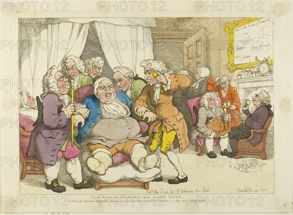 The Consultation or Last Hope, published May 12, 1808, Thomas Rowlandson (English, 1756-1827), published by Rudolph Ackermann (English, 1734-1834), England, Hand-colored etching on ivory wove paper, 235 × 340 mm (image), 255 × 355 mm (plate), 280 × 385 mm (sheet)