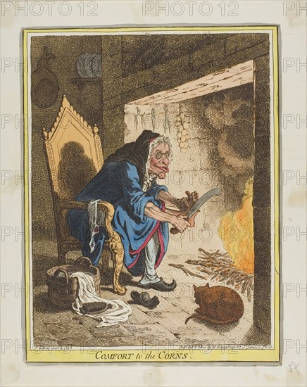 Comfort to the Corns, published February 6, 1800, James Gillray (English, 1756-1815), published by Hannah Humphrey (English, c. 1745-1818), England, Hand-colored etching on ivory wove paper, 262 × 201 mm (image), 260 × 198 mm (plate), 295 × 234 mm (sheet)