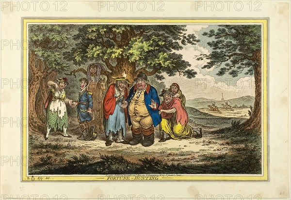 Fortune-Hunting, published November 20, 1804, James Gillray (English, 1756-1815), published by Hannah Humphrey (English, c. 1745-1818), England, Hand-colored etching on paper, 247 × 375 mm (image), 257 × 382 mm (plate), 300 × 440 mm (sheet)