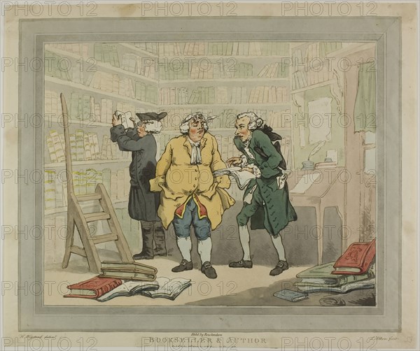 Bookseller and Author, published September 25, 1784, Thomas Rowlandson (English, 1756-1827), after Henry Wigstead (English, c. 1745-1800), published by S.W. Fores (English, 1761-1838), England, Hand-colored etching and acquaint on ivory wove paper, 305 × 370 mm (image), 332 × 395 mm (sheet, trimmed to platemark)