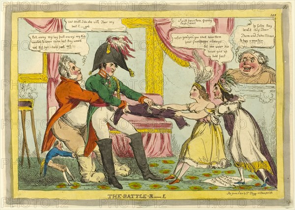 The Battle R—L, published June 3, 1816, Attributed to William Heath (English, 1794-1840), published by Thomas Tegg (English, 1776-1845), England, Hand-colored etching on ivory wove paper, 246 × 349 mm (image), 252 × 352 mm (sheet, trimmed within platemark), Old English-Gentleman Pester’d by Servants Wanting Places, published May 16, 1809, James Gillray (English, 1756-1815), published by Hannah Humphrey (English, c. 1745-1818), England, Hand-colored etching on paper, 250 × 355 mm (image), 260 × 360 mm (plate), 282 × 390 mm (sheet)