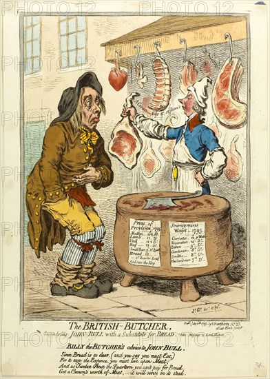 The British Butcher, Supplying John Bull with a Substitute for Bread, published July 6, 1795, James Gillray (English, 1756-1815), published by Hannah Humphrey (English, c. 1745-1818), England, Etching in dark brown, with handcoloring, and second plate with additional etched inscriptions in brown ink, below, on cream wove paper, 326 × 244 mm (image), 348 × 249 mm (top plate), 36 × 247 mm (bottom plate), 394 × 280 mm (sheet)