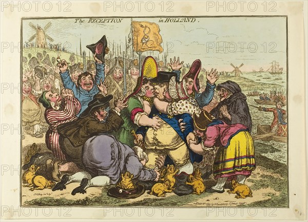 The Reception in Holland, published September 8, 1799, James Gillray (English, 1756-1815), published by Hannah Humphrey (English, c. 1745-1818), England, Hand-colored etching on paper, 255 × 360 mm (image), 262 × 365 mm (plate), 290 × 405 mm (sheet)