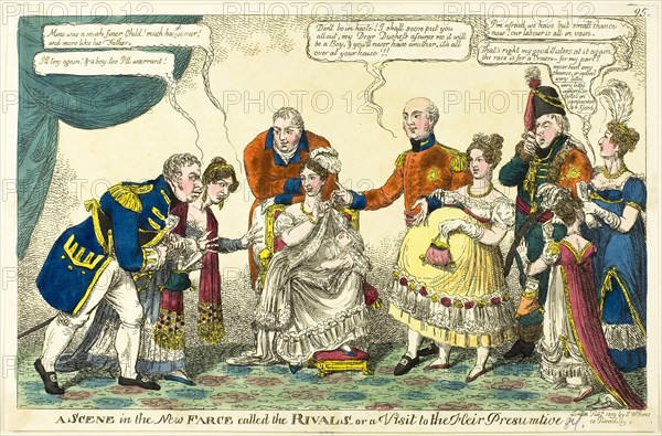A Scene in the New Farce Called The Rivals, 1819, Charles Williams (English, active 1797-1830), published by S. W. Fores (English,1785-1825), England, Hand-colored etching on ivory laid paper, 226 × 342 mm (plate)