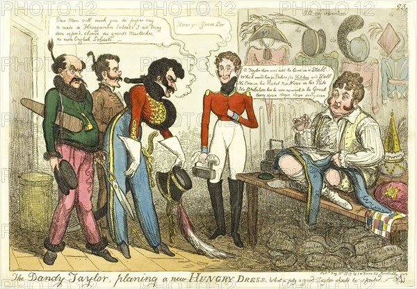 The Dandy Tailor, Planing a New Hungry Dress, published May 15, 1819, Isaac Robert Cruikshank (English, 1789-1856), published by S.W. Fores (English, 1761-1838), England, Hand-colored etching on paper, 214 × 323 mm (image), 232 × 335 mm (sheet, cut within plate mark)