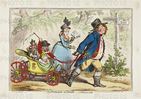La Promenade en Famille- A Sketch from Life, published April 23, 1797, James Gillray (English, 1756-1815), published by Hannah Humphrey (English, c. 1745-1818), England, Hand-colored etching on paper, 240 × 360 mm (image), 255 × 365 mm (plate), 285 × 405 mm (sheet)