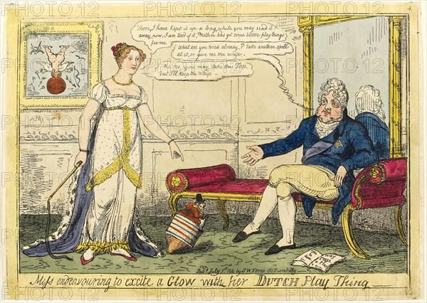 Miss Endeavouring to Excite a Glow with Her Dutch Play Thing, published July 1, 1814, Isaac R. Cruikshank (English, 1789-1856), published by S.W. Fores (English, 1761-1838), England, Hand-colored etching on ivory laid paper, 220 × 337 mm (image), 248 × 355 mm (plate), 255 × 360 mm (sheet)