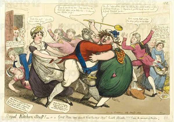 Royal Kitchen Stuff!, 1819, Isaac Robert Cruikshank (English, 1789-1856), published by J. Sidebotham (English, active 1802-1820), England, Hand-colored etching on paper, 220 × 330 mm (image), 240 × 341 mm (sheet cut within plate mark)