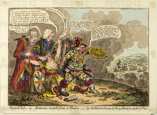 Physical Aid, or Britannia Recover’d from a Trance!, published March 14, 1803, James Gillray (English, 1756-1815), published by Hannah Humphrey (English, c. 1745-1818), England, Hand-colored etching on paper, 250 × 359 mm (image), 262 × 362 mm (plate), 284 × 391 mm (sheet)