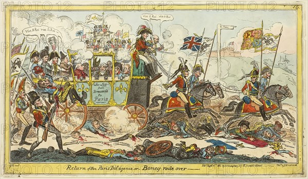 Return of the Paris Diligence, published September 6, 1815, George Cruikshank (English, 1792-1878), after George Humphrey (English, 1773-1831), published by Hannah Humphrey (English, c. 1745-1818), England, 1815, 231 × 407 mm (image), 238 × 414 mm (plate), 241 × 417 mm (sheet)