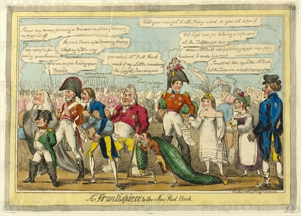 A Frontispiece to the New Red Book, published June 13, 1816, Attributed to William Heath (English, 1794-1840), published by Thomas Tegg (English, 1776-1845), England, Hand-colored etching on ivory wove paper, 248 × 350 mm (image), 254 × 355 mm (sheet, trimmed within platemark)
