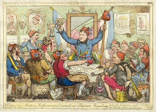 Modern Reformers in Council, published July 3, 1818, Isaac Robert Cruikshank (English, 1789-1856), after George Humphrey (English, c. 1773-1831), published by George Humphrey (English, c. 1773-1831), England, Hand-colored etching on paper, 250 × 350 mm (image), 258 × 367 mm (sheet cut within plate mark)