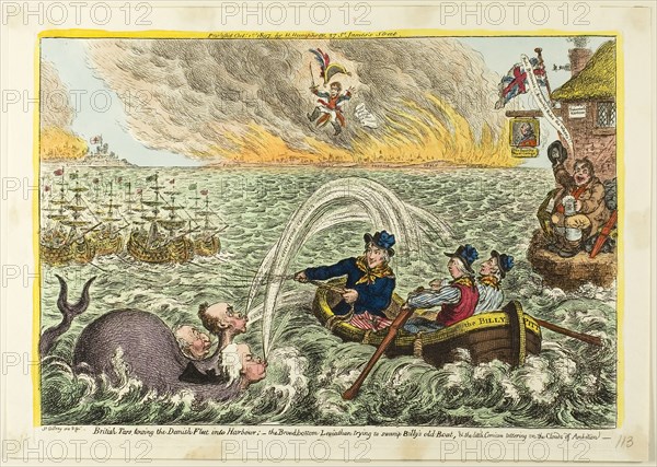British Tars, Towing the Danish Fleet into Harbour, published October 1, 1807, James Gillray (English, 1756-1815), published by Hannah Humphrey (English, c. 1745-1818), England, Hand-colored etching on paper, 230 × 340 mm (image), 248 × 350 mm (plate), 270 × 380 mm (sheet)