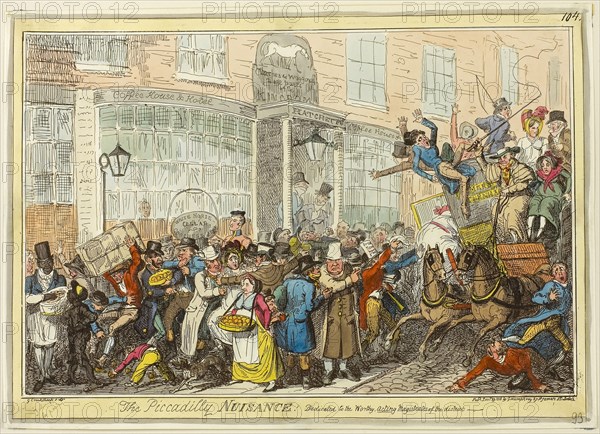 The Piccadilly Nuisance!, published December 29, 1818, George Cruikshank (English, 1792-1878), published by George Humphrey (English, c. 1773-1831), England, Hand-colored etching on paper, 242 × 344 mm (image), 246 × 350 mm (plate), 251 × 355 mm (sheet)