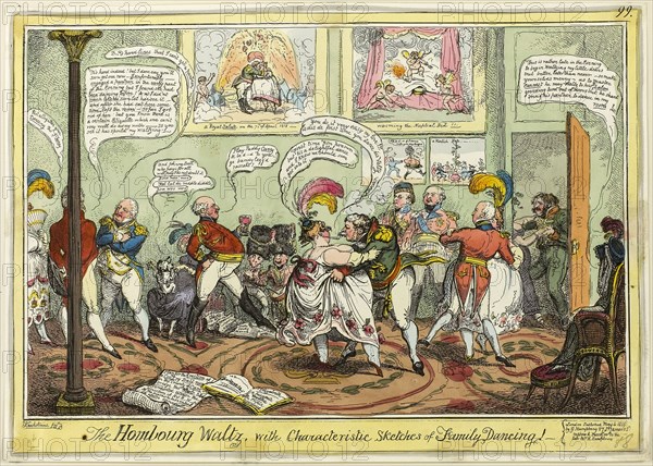 The Hombourg Waltz, with Characteristic Sketches of Family Dancing!, published May 4, 1818, George Cruikshank (English, 1792-1878), published by George Humphrey (English, c. 1773-1831), England, Hand-colored etching on paper, 245 × 350 mm (image), 250 × 353 mm (plate), 254 × 358 mm (sheet)