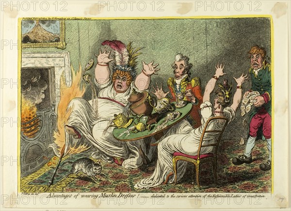 Advantages of Wearing Muslin Dresses!, published February 15, 1802, James Gillray (English, 1756-1815), published by Hannah Humphrey (English, c. 1745-1818), England, Hand-colored etching on paper, 241 × 347 mm (image), 255 × 355 mm (plate), 285 × 395 mm (sheet)