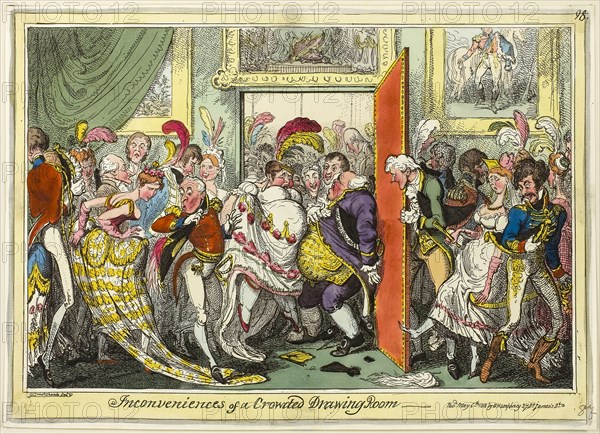 Inconvienences of a Crowded Drawing Room, published May 6, 1818, George Cruikshank (English, 1792-1878), published by George Humphrey (English, c. 1773-1831), England, Hand-colored etching on paper, 247 × 345 mm (image), 252 × 353 mm (plate), 257 × 357 mm (sheet)