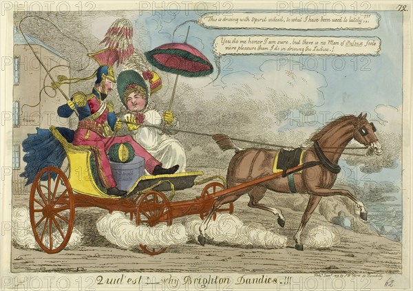Quid est?- Why Brighton dandies.!!!, published January 1819, Charles WIlliams (English, active 1797-1830), published by S. W. Fores (English, active 1785-1825), England, Hand-colored etching on ivory laid paper, 238 × 338 mm