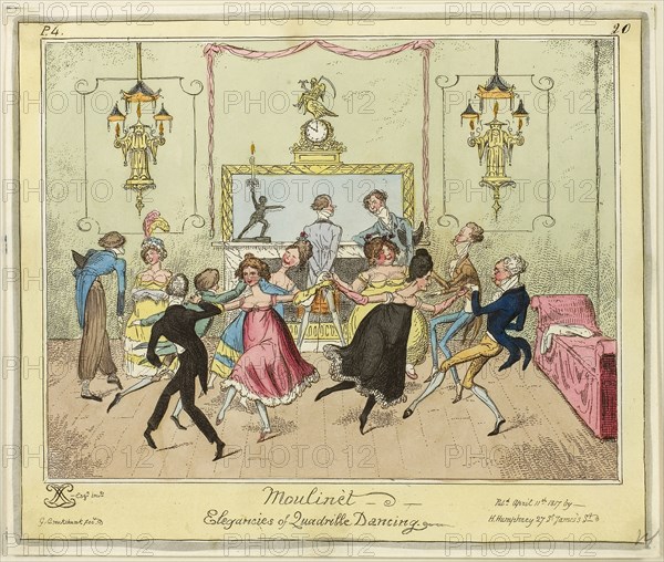 Moulinet-Elegances of Quadrille Dancing, published April 11, 1817, George Cruikshank (English, 1792-1878), published by Hannah Humphrey (English, c. 1745-1818), England, Hand-colored etching on paper, 205 × 245 mm (image), 210 × 250 mm (plate), 216 × 255 mm (sheet)