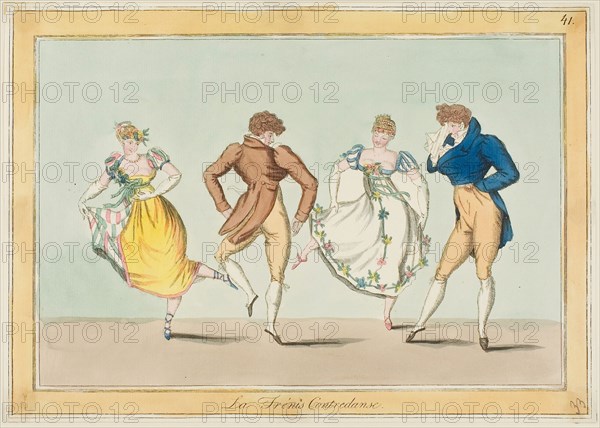 La Trenis Contredanse, n.d., Unknown Artist, French, 19th century, France, Hand-colored etching, with roulette, on cream laid paper, 222 × 313 mm