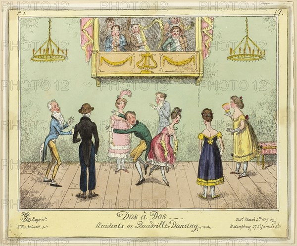 Dos-a-dos, Accidents in Quadrille Dancing, published March 4, 1817, George Cruikshank (English, 1792-1878), published by Hannah Humphrey (English, c. 1745-1818), England, Hand-colored etching on paper, 205 × 250 mm (image), 210 × 255 mm (plate), 215 × 260 mm (sheet)