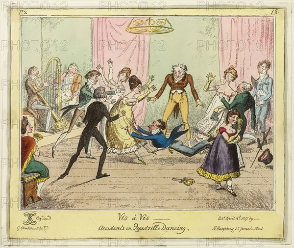 Vis a Vis, Accidents in Quadrille Dancing, published April 15, 1817, George Cruikshank (English, 1792-1878), published by Hannah Humphrey (English, c. 1745-1818), England, Hand-colored etching on paper, 205 × 245 mm (image), 212 × 250 mm (plate), 216 × 257 mm (sheet)