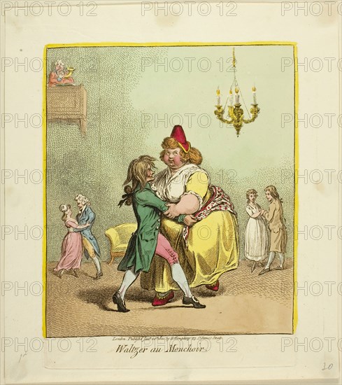 Waltzer au Mouchoir, published January 20, 1800, James Gillray (English, 1756-1815), published by Hannah Humphrey (English, c. 1745-1818), England, Hand-colored etching on paper, 200 × 171 mm (image), 225 × 175 mm (plate), 260 × 231 mm (sheet)