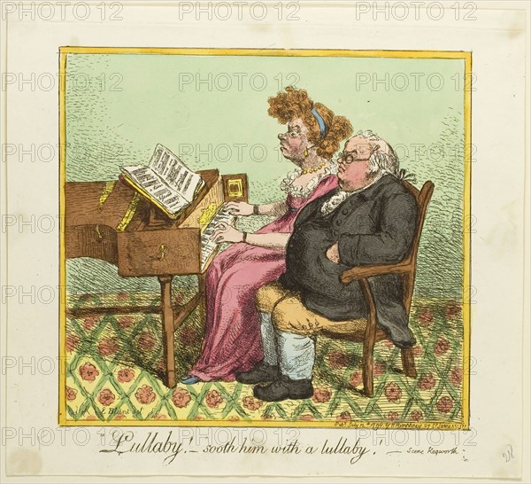 Lullaby! Sooth him with a Lullaby!, published July 12, 1798, James Gillray (English, 1756-1815), published by Hannah Humphrey (English, c. 1745-1818), England, Hand-colored etching on paper, 180 × 195 mm (image), 215 × 245 mm (plate), 225 × 247 mm (sheet)