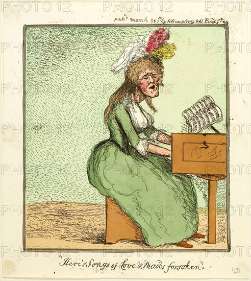 Here’s Songs of Love and Maids Forsaken, published March 30, 1793, James Gillray (English, 1756-1815), published by Hannah Humphrey (English, c. 1745-1818), England, Etching in dark brown, with handcoloring, on cream wove paper, 207 × 188 mm (image), 250 × 224 mm (plate/sheet)