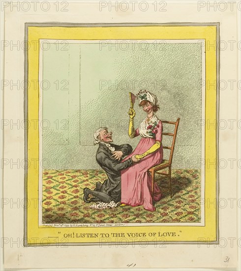 Oh! Listen to the Voice of Love, published November 14, 1799, James Gillray (English, 1756-1815), published by Hannah Humphrey (English, c. 1745-1818), England, Hand-colored etching on paper, 185 × 210 mm (image), 200 × 250 mm (plate), 230 × 260 mm (sheet)