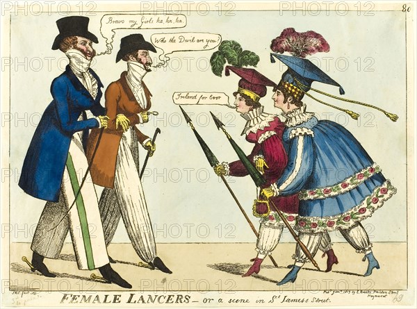 Female Lancers, or A Scene in St. James’s Street, published January, 1819, Isaac Robert Cruikshank (English, 1789-1856), published by E. Brooks (English, 1830-1817), England, Hand-colored etching on paper, 221 × 314 mm (image), 240 × 325 mm (sheet cut within plate mark)