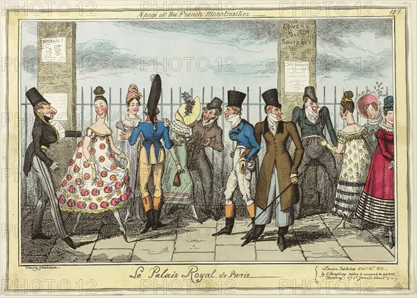 Le Palais Royal, de Paris, published September 18, 1818, George Cruikshank (English, 1792-1878), published by George Humphrey (English, c. 1773-1831), England, Hand-colored etching on paper, 247 × 350 mm (image), 252 × 356 mm (plate), 255 × 360 mm (sheet)
