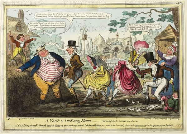 A Visit to Cockney Farm, published May 25, 1819, George Cruikshank (English, 1792-1878), after Captain Frederick Marryat (English, 1792-1848), published by George Humphrey (English, c. 1773-1831), England, Hand-colored etching on paper, 243 × 348 mm (image), 250 × 353 mm (plate), 257 × 357 mm (sheet)
