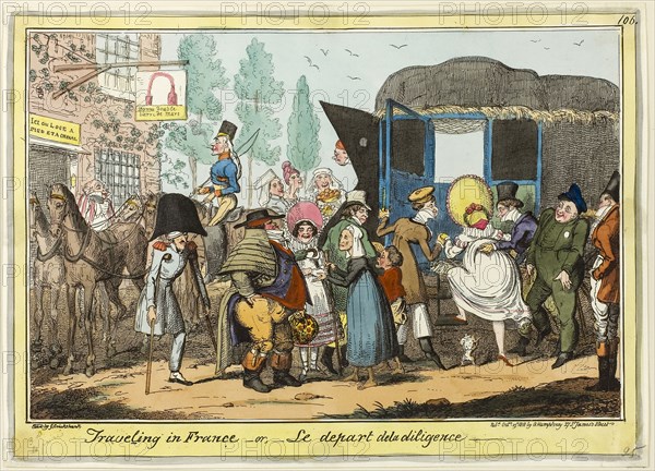Traveling in France, published October 19, 1818, George Cruikshank (English, 1792-1878), published by George Humphrey (English, c. 1773-1831), England, Hand-colored etching on paper, 245 × 345 mm (image), 255 × 351 mm (plate), 258 × 357 mm (sheet)