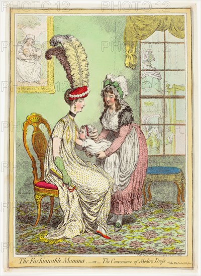 The Fashionable Mamma, or, The Convenience of Modern Dress, published February 15, 1796, James Gillray (English, 1756-1815), published by Hannah Humphrey (English, c. 1745-1818), England, Hand-colored etching on ivory wove paper, 346 × 245 mm (image), 349 × 249 mm (plate), 354 × 253 mm (sheet)