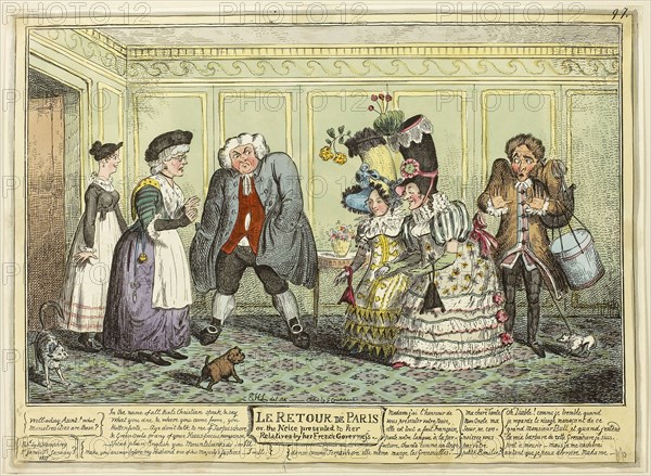 The Return of Paris, published January 3, 1817, George Cruikshank (English, 1792-1878), published by Hannah Humphrey (English, c. 1745-1818), England, Hand-colored etching on paper, 270 × 374 mm (image), 277 × 381 mm (plate), 282 × 385 mm (sheet)