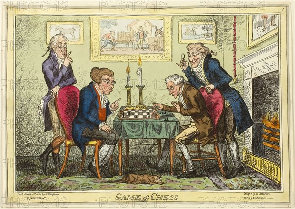 Game of Chess, published March 6, 1814, George Cruikshank (English, 1792-1878), after Captain Frederick Marryat (English, 1792-1848), published by Hannah Humphrey (English, c. 1745-1818), England, Hand-colored etching on paper, 238 × 345 mm (image), 250 × 352 mm (sheet cut to plate mark)