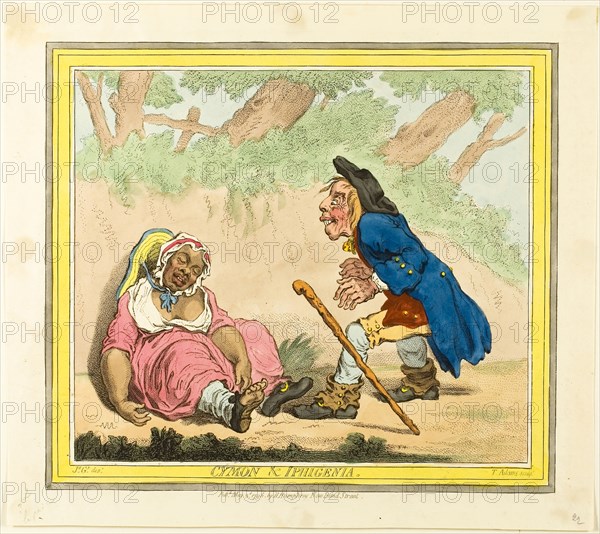 Cymon and Iphigenia, published May 2, 1796, James Gillray (English, 1756-1815), published by Hannah Humphrey (English, c. 1745-1818), England, Etching in dark brown, with handcoloring and stipling, on cream wove paper, 241 × 275 mm (image), 253 × 318 mm (plate), 281 × 318 mm (sheet)