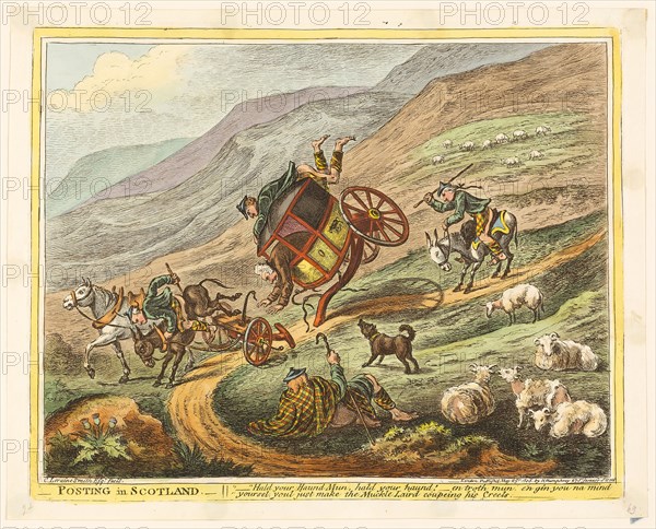 Posting in Scotland, published May 25, 1805, James Gillray (English, 1756-1815), published by Hannah Humphrey (English, c. 1745-1818), England, Hand-colored etching and aquatint on paper, 308 × 385 mm (image), 312 × 387 mm (plate), 333 × 415 mm (sheet)