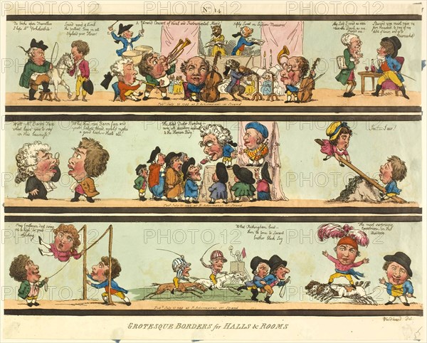 Grotesque Borders for Halls & Rooms, published July 21, 1799, Thomas Rowlandson (English, 1756-1827), after George Moutard Woodward (English, c. 1760- 1809), published by Rudolph Ackermann (English, born Germany, 1764-1834), England, Etching in black, with hand-colored additions, on cream wove paper, 365 × 450 mm