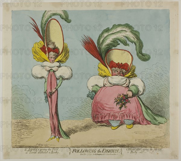 Following the Fashion, published December 9, 1794, James Gillray (English, 1756-1815), published by Hannah Humphrey (English, c. 1745-1818), England, Hand-colored etching on paper, 305 × 340 mm (image), 325 × 370 mm (plate), 350 × 385 mm (sheet)