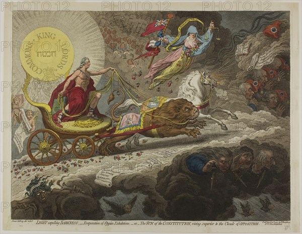 Light Expelling Darkness,-Evaporation of Stygian Exhalations,-or-The Sun of the Constitution, Rising Superior to the Clouds of Opposition, published April 30, 1795, James Gillray (English, 1756-1815), published by Hannah Humphrey (English, c. 1745-1818), England, Etching in dark brown, with handcoloring, on cream wove paper, 335 × 444 mm (image), 350 × 451 mm (plate), 367 × 472 mm (sheet)