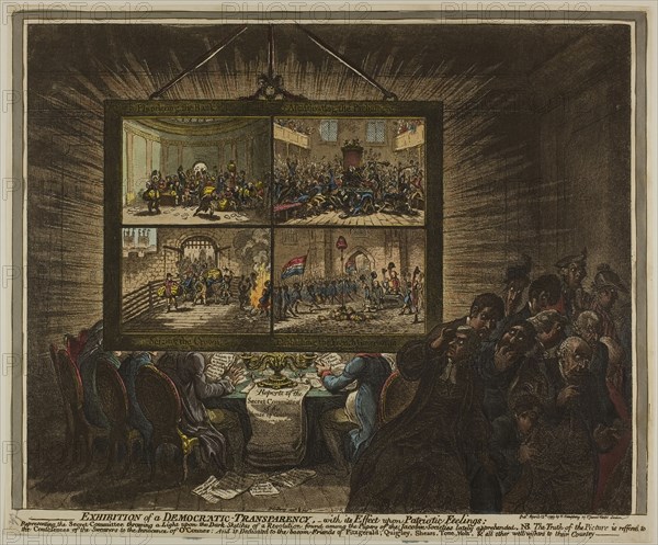 Exhibition of a Democratic Transparency, with its Effect Upon Patriotic Feelings, published April 15, 1799, James Gillray (English, 1756-1815), published by Hannah Humphrey (English, c. 1745-1818), England, Aquatint on paper, 347 × 440 mm (image), 365 × 445 mm (plate), 370 × 450 mm (sheet)